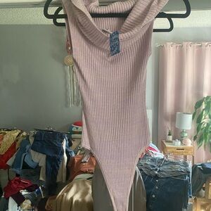 Free People Lilac Ribbed off shoulder Bodysuit sweater